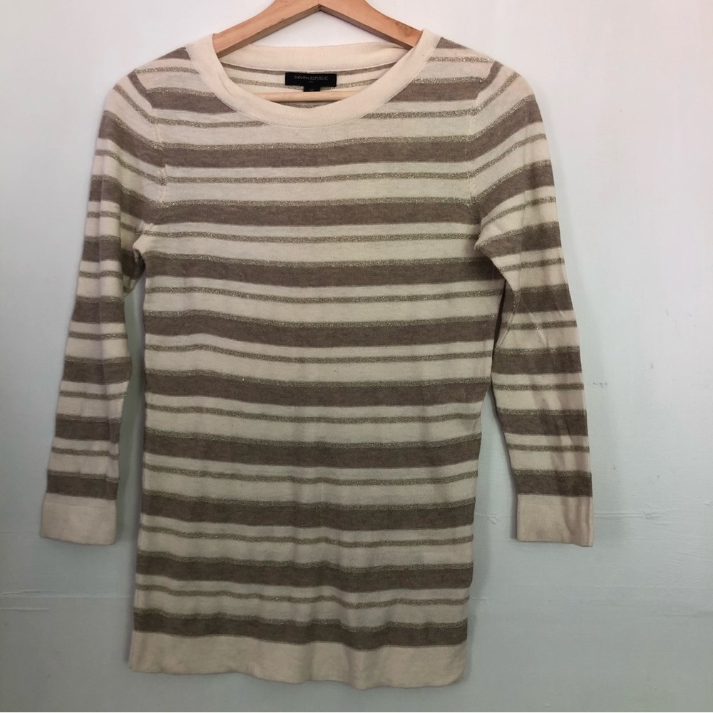 BANANA REPUBLIC Women’s Stripe Lightweight Sweater White Silver Tan XS